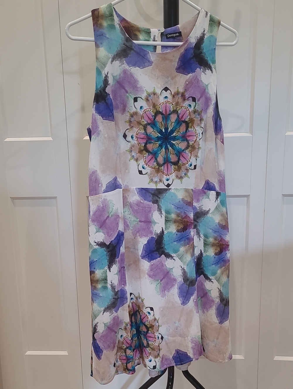 DESIGUAL Watercolor Kaleidoscope Shift Dress in Purple, Blue, Teal, Beige
